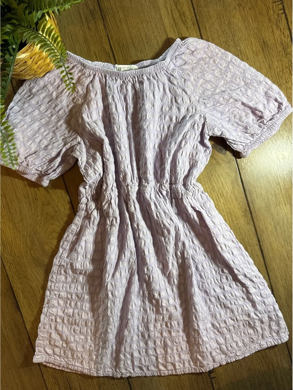 H&M Girls Lilac Textured Puff Sleeve Dress Size 6